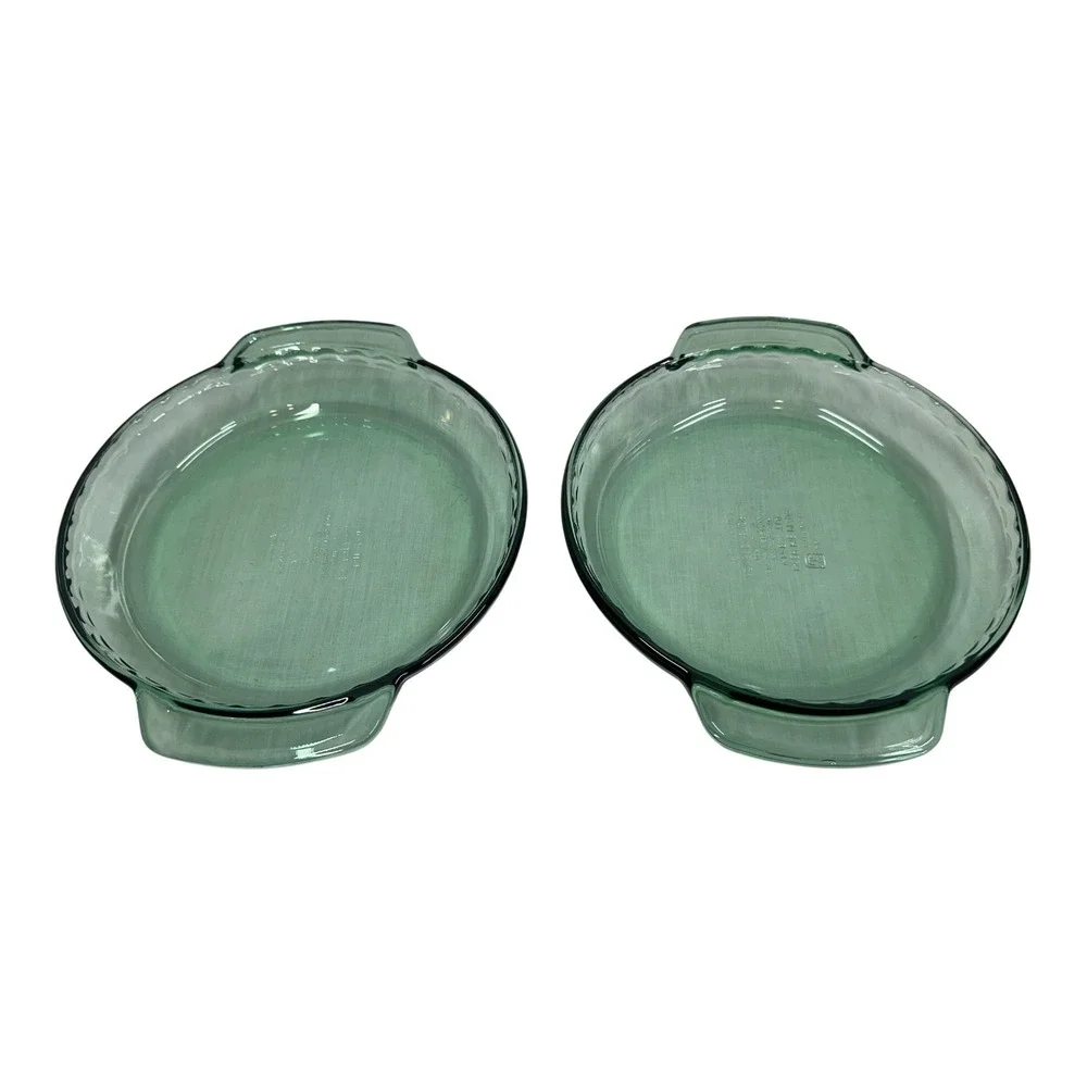 Anchor Hocking Fire-King Green Glass Deep Pie Plate 9in 1Qt Set of 2 1075